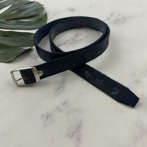 Womens Hand Tooled Leather Belt Size S Navy Blue Floral Hearts Skinny Western